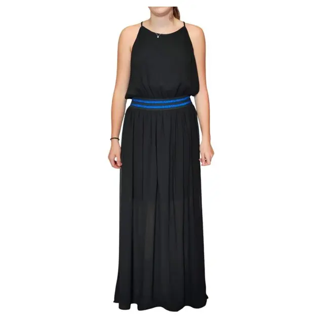 VESTITO NERO LUNGO ELEGANTE CON FASCIA BLU TAG.
